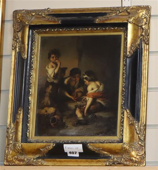After Murillo, oil on zinc, Children playing dice, 28 x 23cm
